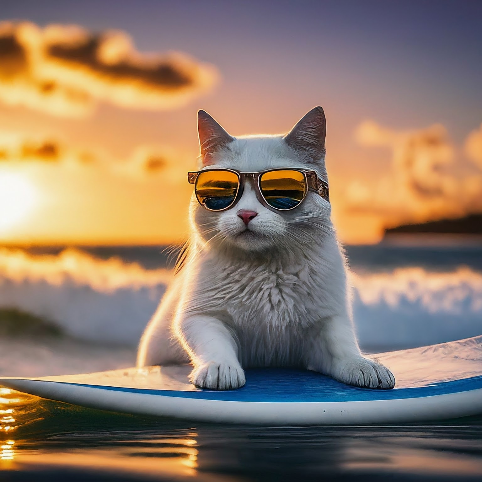 夕焼けの海を背景に、サングラスをかけた猫がサーフィンをしているAI画像-1