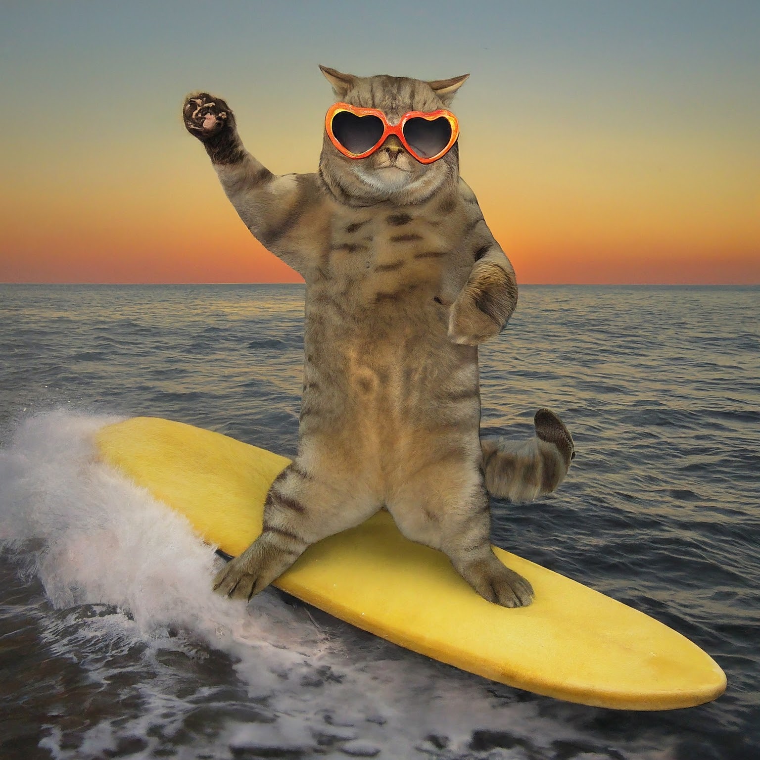 夕焼けの海を背景に、サングラスをかけた猫がサーフィンをしているAI画像-2